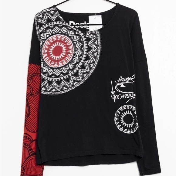 Desigual Floral Geometric Artsy Knit Green Print Long Sleeve Graphic Top Medium - Picture 8 of 9